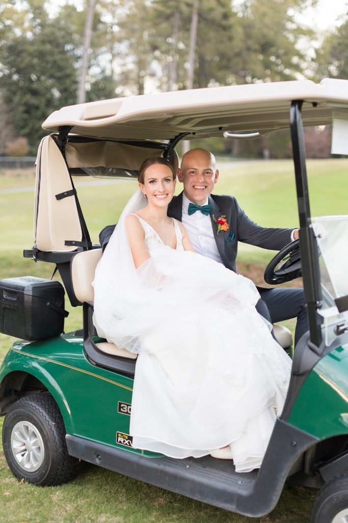Bride and groom in golf cart | Hope Valley Country Club | Durham Wedding | Raleigh NC wedding photographer 