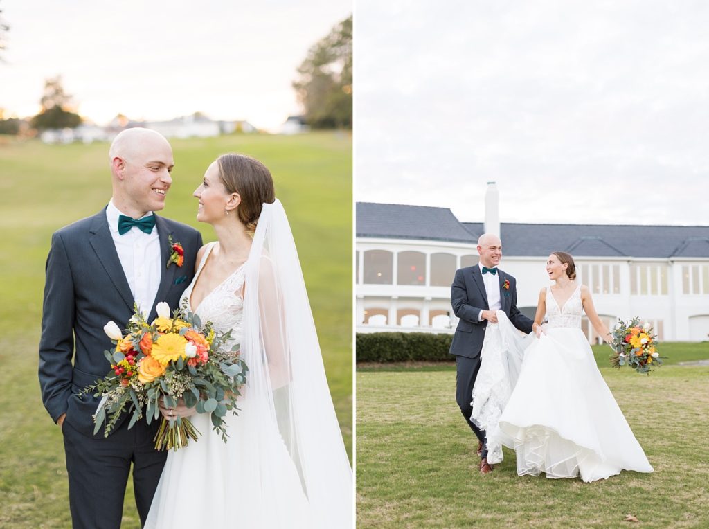 bride and groom outside wedding venue | Fall wedding at Hope Valley Country Club | Durham Wedding | Raleigh NC wedding photographer 