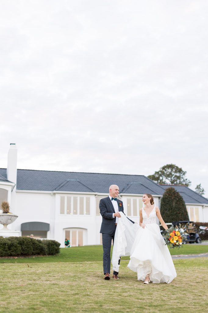 bride and groom laughing | Fall wedding at Hope Valley Country Club | Durham Wedding | Raleigh NC wedding photographer 