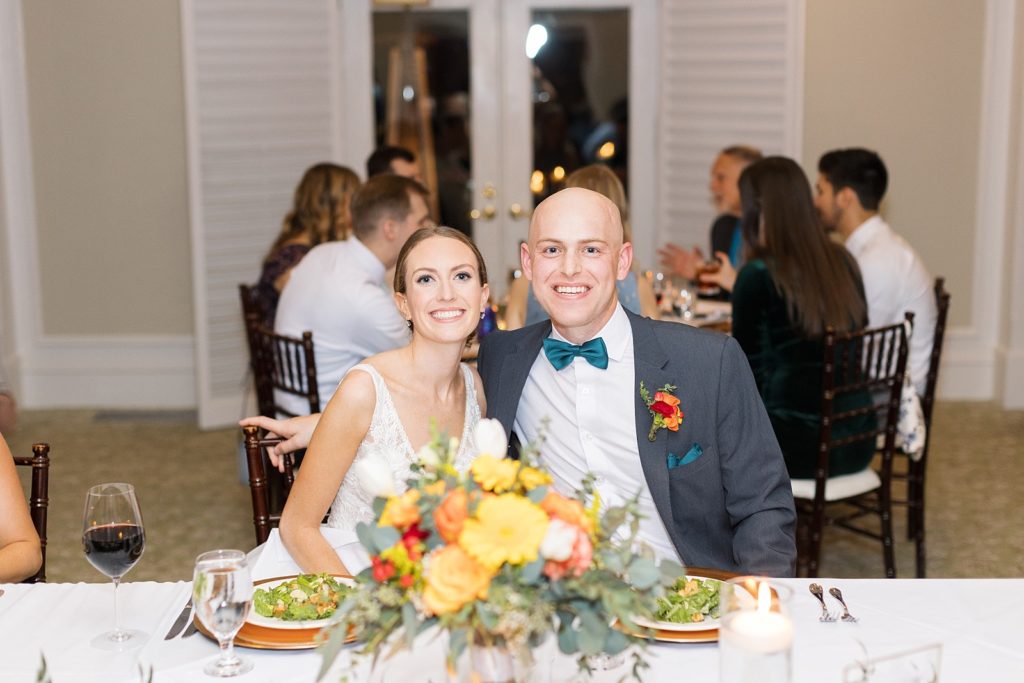  Bride and groom during reception | Fall wedding at Hope Valley Country Club | Durham Wedding | Raleigh NC wedding photographer 