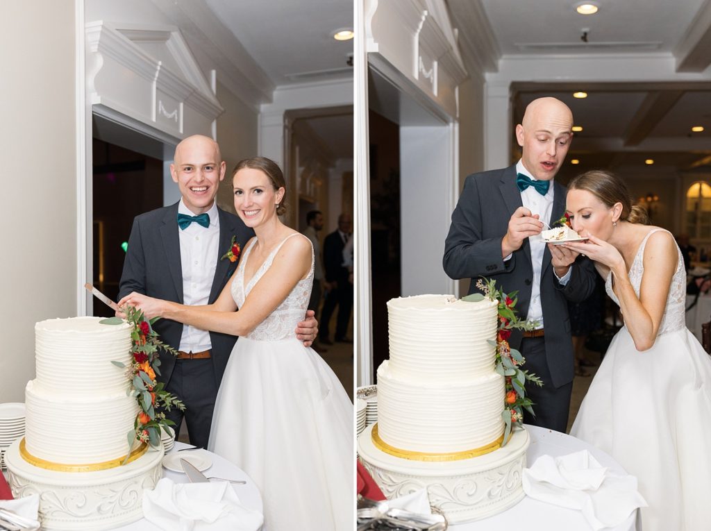 bride and groom cutting and eating cake  | Fall wedding at Hope Valley Country Club | Durham Wedding | Raleigh NC wedding photographer 