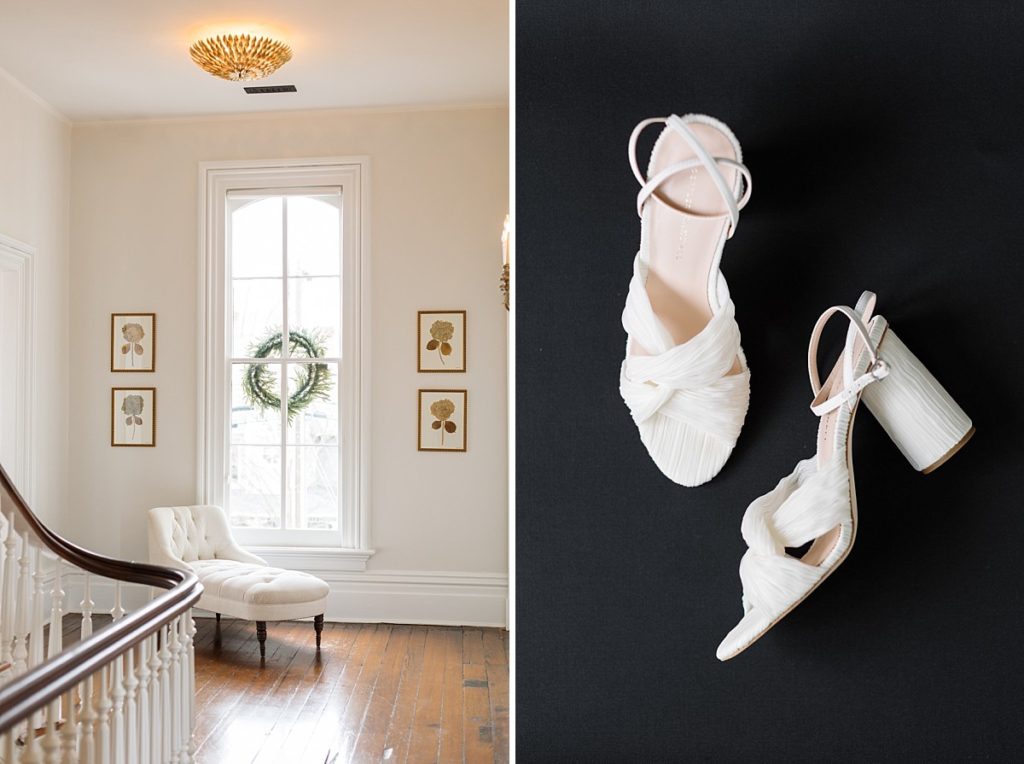Indoor wedding venue with wreath in window and classic white wedding shoes | Classic Black and white wedding at Merrimon-Wynne | Raleigh NC Wedding Photographer 