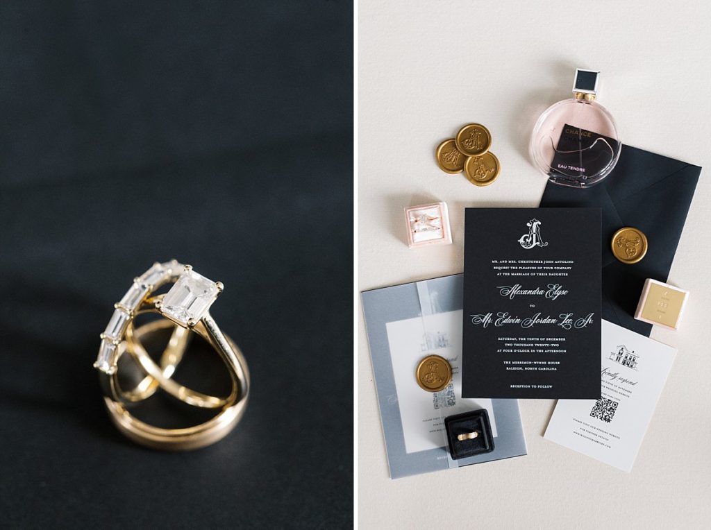 Stacked gold and diamond wedding band and white, black and gold wedding invitation suite | Classic Black and white wedding at Merrimon-Wynne | Raleigh NC Wedding Photographer 