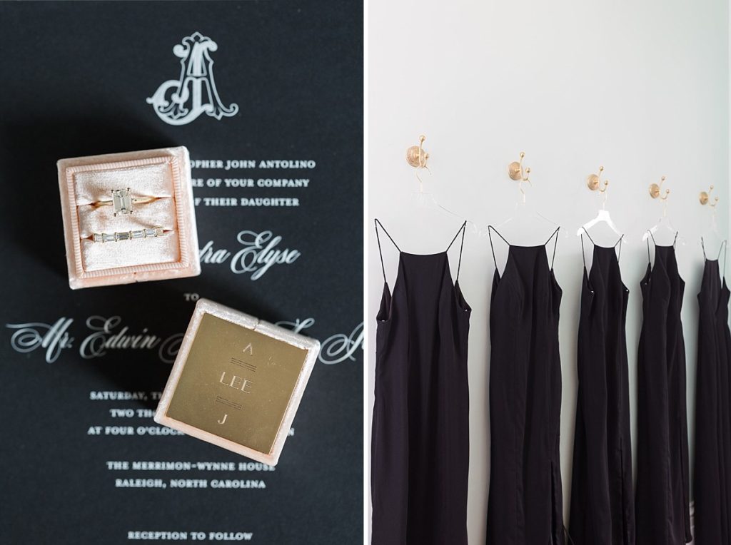 Engraved ring box and black bridesmaids dresses hanging from clear hangers | Classic Black and white wedding at Merrimon-Wynne | Raleigh NC Wedding Photographer 
