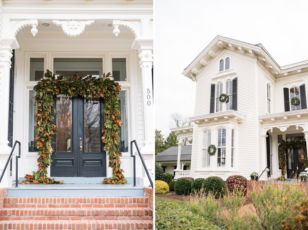 Winter garland over venue front door and Merrimon-Wynne decorated for winter | Classic Black and white wedding at Merrimon-Wynne | Raleigh NC Wedding Photographer 