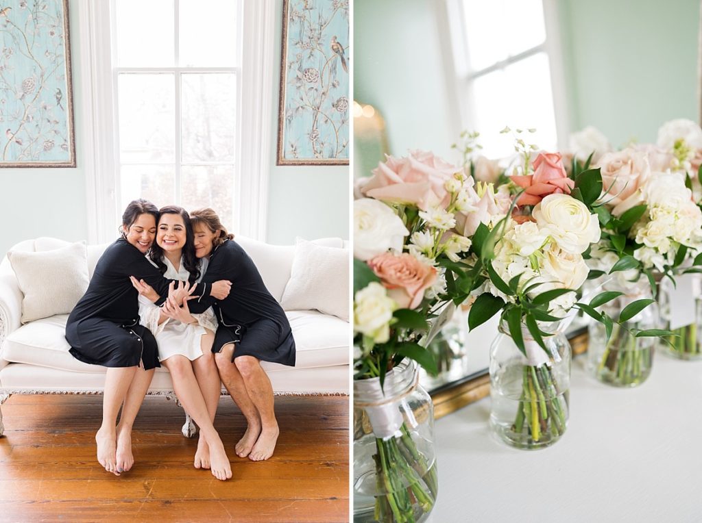 Bride embraced by her mom and MOH and wedding bouquets | Classic Black and white wedding at Merrimon-Wynne | Raleigh NC Wedding Photographer 