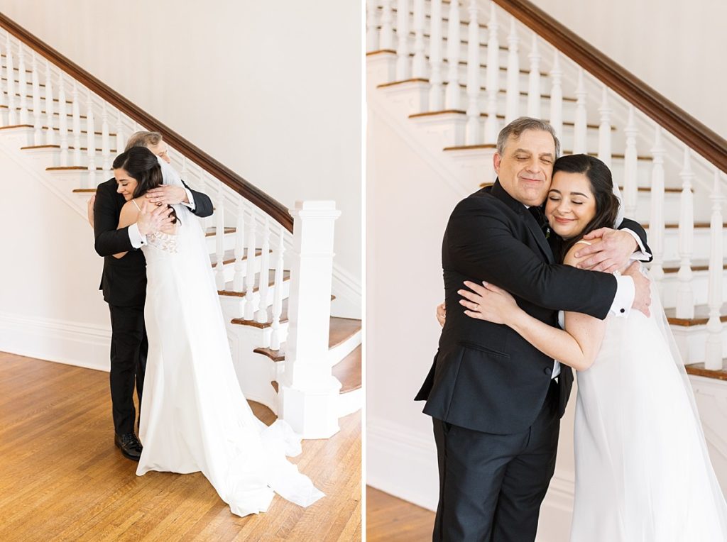 Bride and her dad after their first look | Classic Black and white wedding at Merrimon-Wynne | Raleigh NC Wedding Photographer 