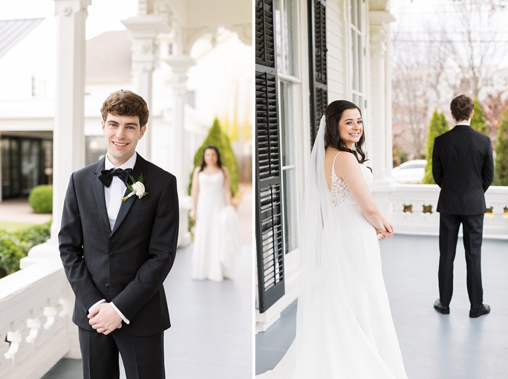 Groom and bride before their first look | Classic Black and white wedding at Merrimon-Wynne | Raleigh NC Wedding Photographer 