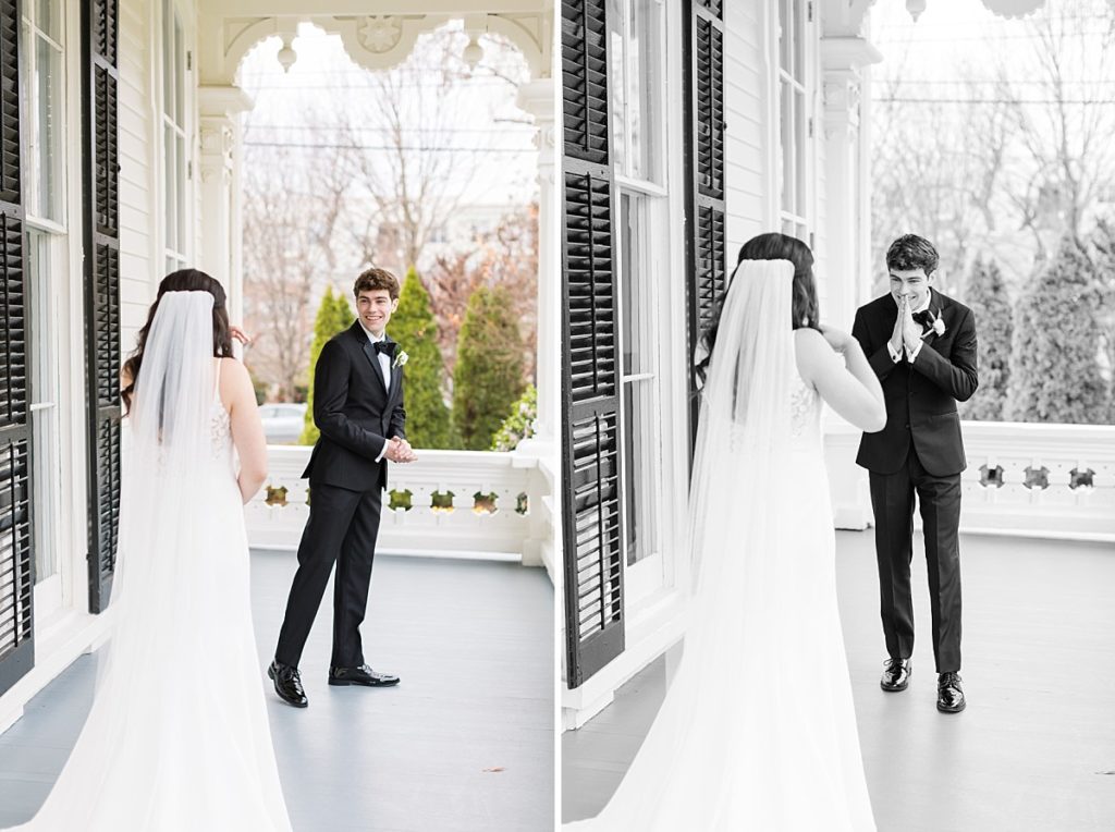 Groom seeing his bride for the first time | Classic Black and white wedding at Merrimon-Wynne | Raleigh NC Wedding Photographer 