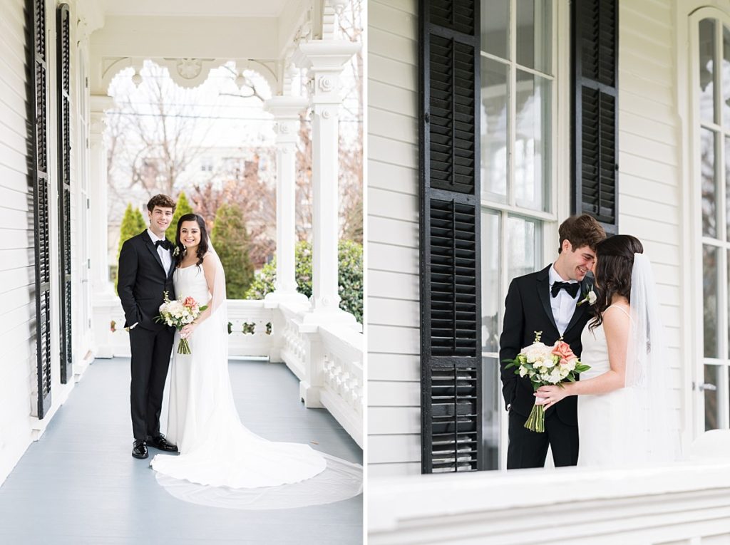 Bride and groom on venue porch | Classic Black and white wedding at Merrimon-Wynne | Raleigh NC Wedding Photographer 