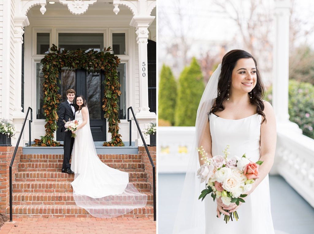 Bride and groom in front of venue front door and bride wearing her veil | Classic Black and white wedding at Merrimon-Wynne | Raleigh NC Wedding Photographer 