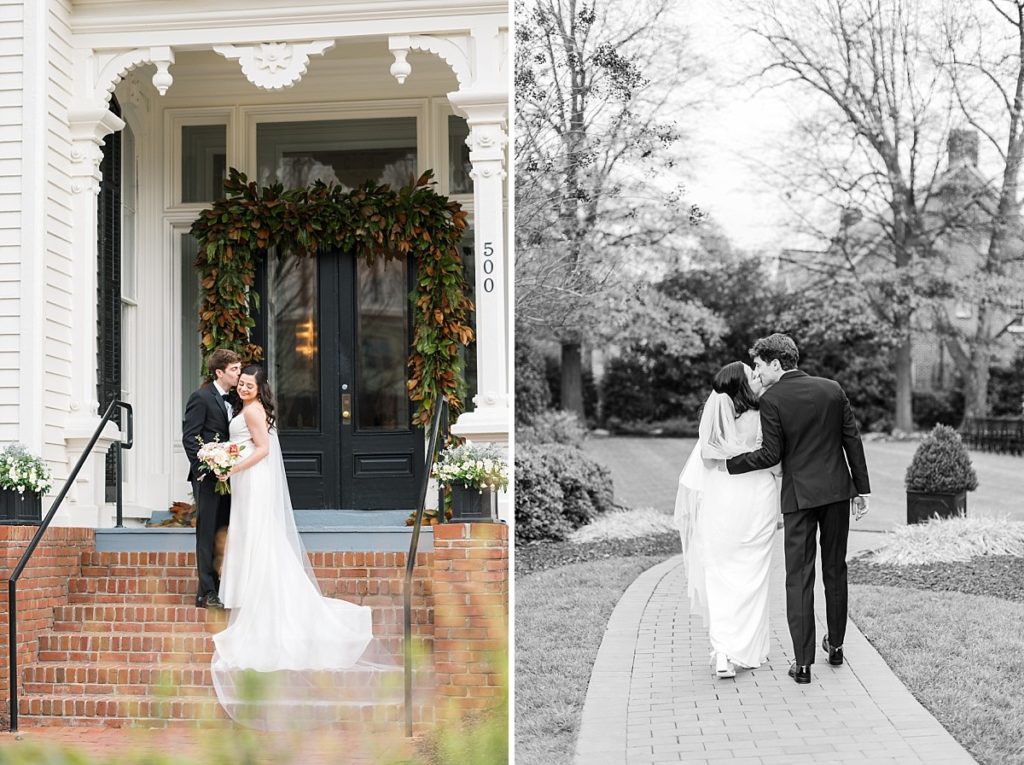 Bride and groom kissing outside venue | Classic Black and white wedding at Merrimon-Wynne | Raleigh NC Wedding Photographer 