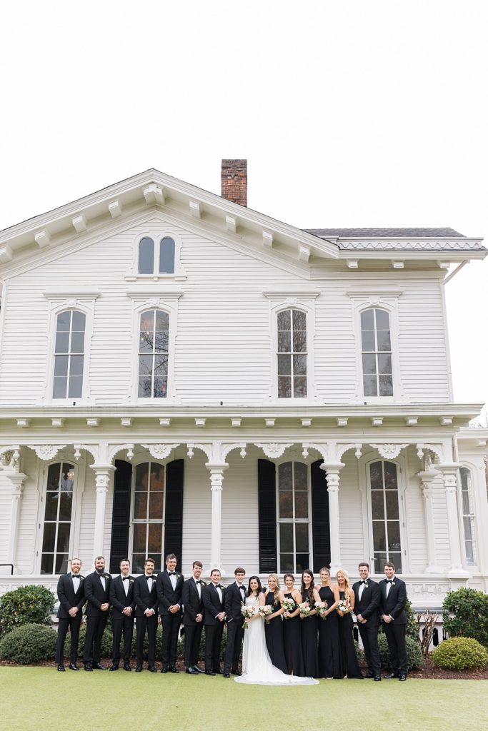 Wedding party outside wedding venue | Classic Black and white wedding at Merrimon-Wynne | Raleigh NC Wedding Photographer 