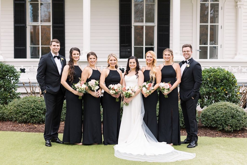 Bride with her bridal party in all black | Classic Black and white wedding at Merrimon-Wynne | Raleigh NC Wedding Photographer 
