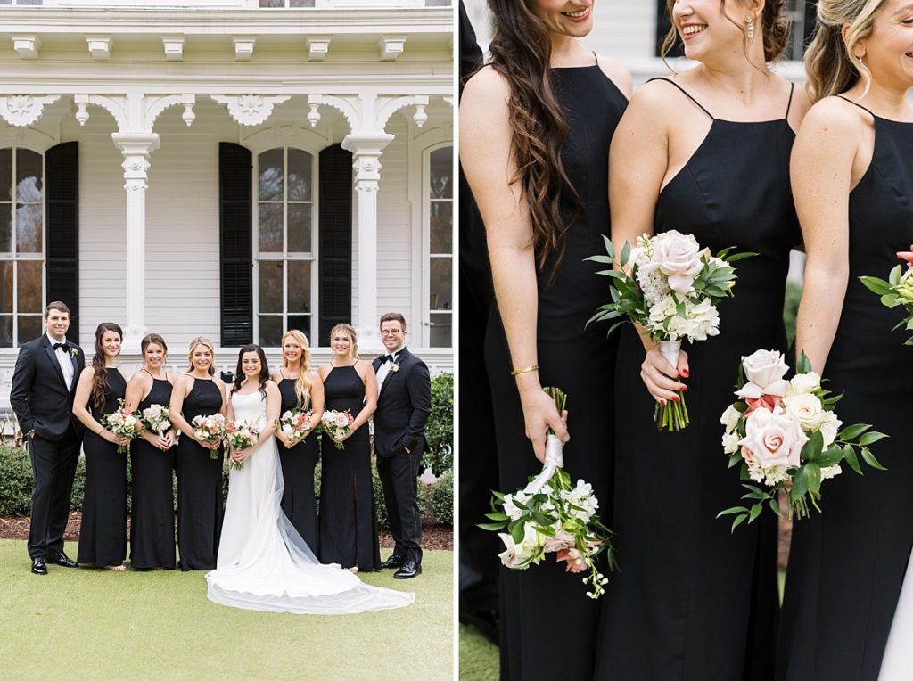 Bridal party and bridesmaid bouquet details | Classic Black and white wedding at Merrimon-Wynne | Raleigh NC Wedding Photographer 
