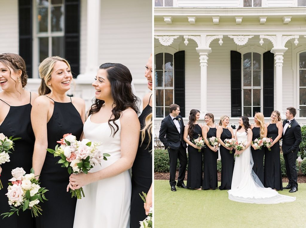 Bride laughing with her bridal party | Classic Black and white wedding at Merrimon-Wynne | Raleigh NC Wedding Photographer 