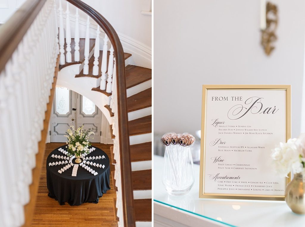 Black, white and gold wedding details and custom drink menu | Classic Black and white wedding at Merrimon-Wynne | Raleigh NC Wedding Photographer 