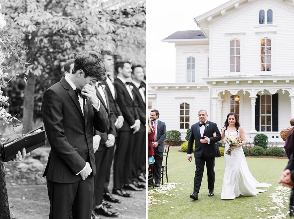 Groom tearing up after seeing his bride walking down the aisle| Classic Black and white wedding at Merrimon-Wynne | Raleigh NC Wedding Photographer 