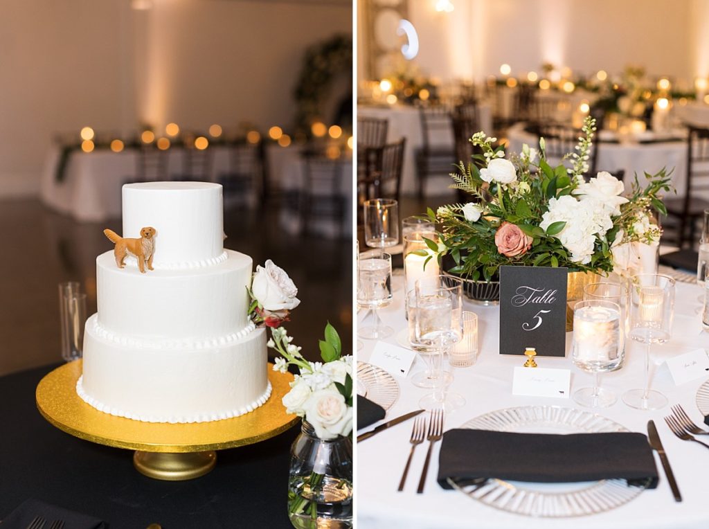 Classic white wedding cake with dog cake topper and table setting | Classic Black and white wedding at Merrimon-Wynne | Raleigh NC Wedding Photographer 
