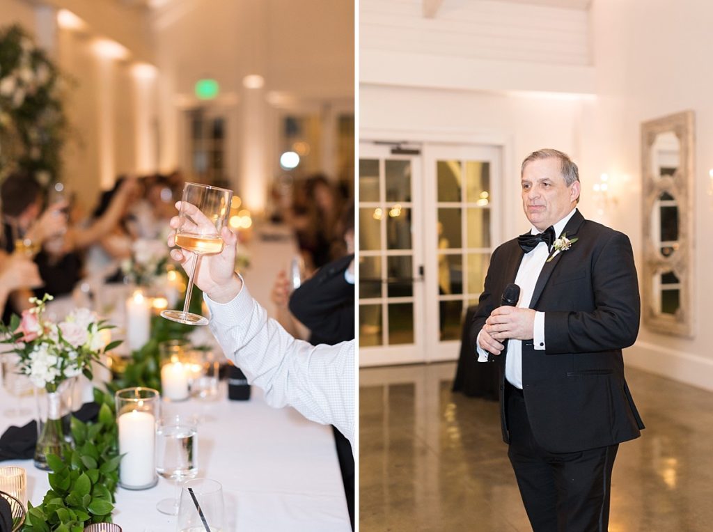 Father of the bride giving a welcome speech  | Classic Black and white wedding at Merrimon-Wynne | Raleigh NC Wedding Photographer 