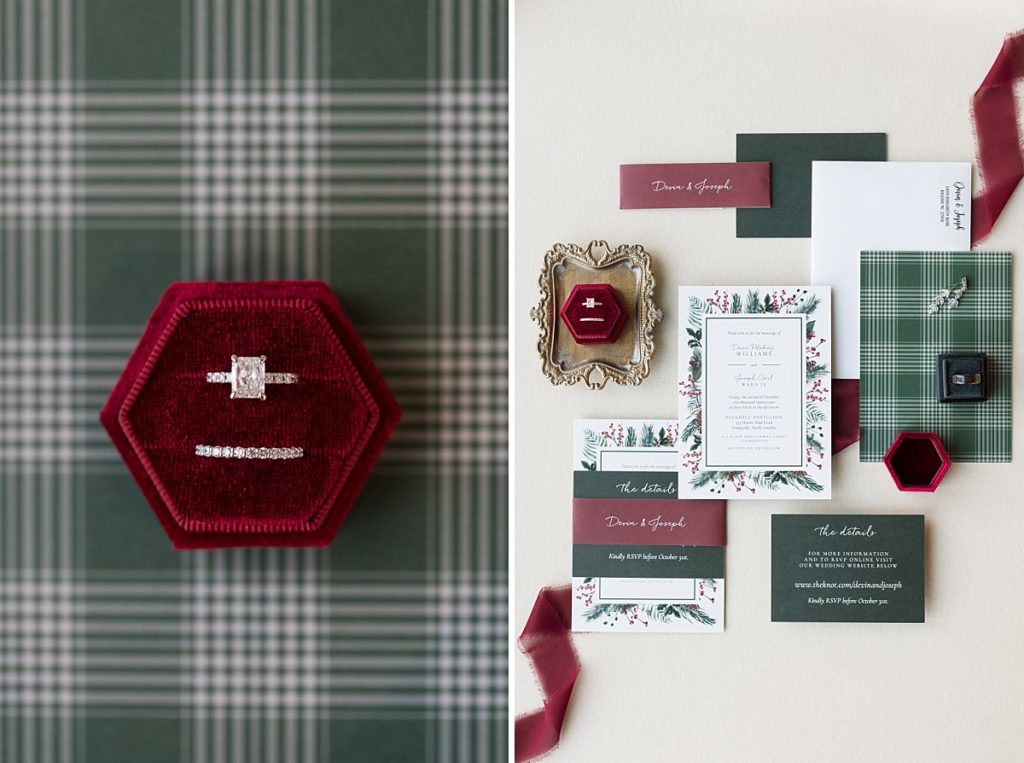 Red velvet ring box and christmas wedding invitation suites | Christmas Wedding at Pinehill Pavilion | Raleigh NC Wedding Photographer 