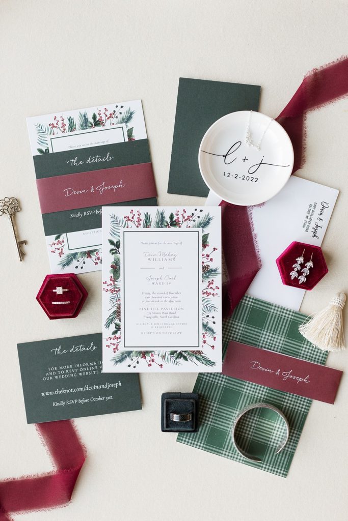 Christmas wedding invitation suite | Christmas Wedding at Pinehill Pavilion | Raleigh NC Wedding Photographer 