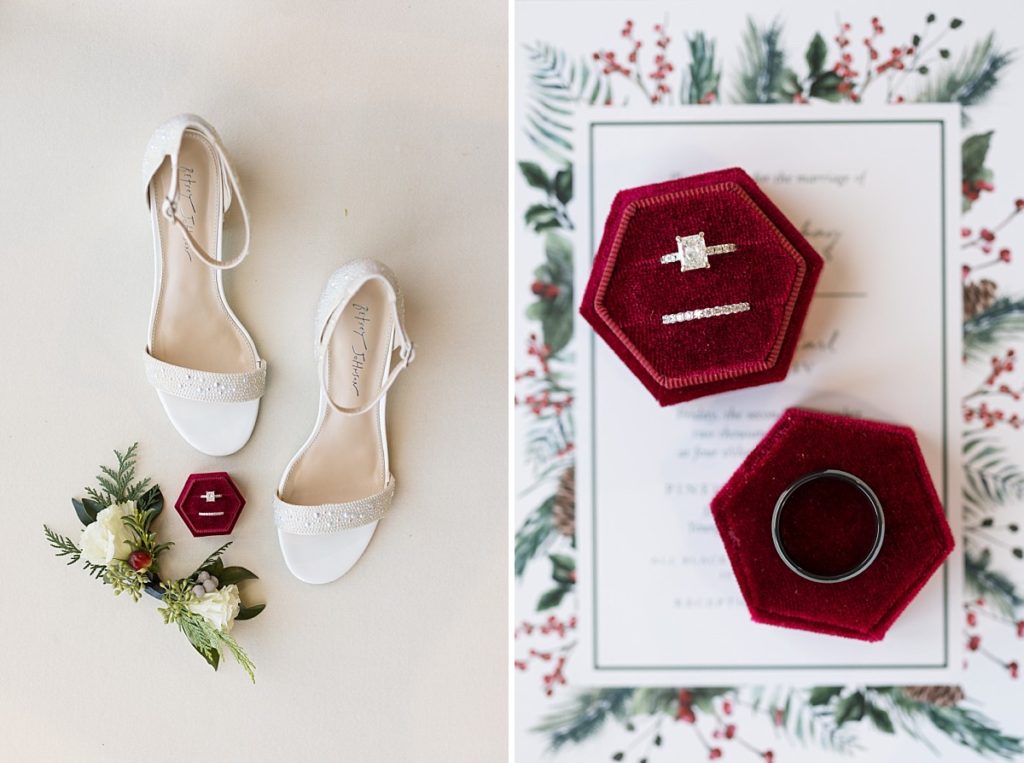 White wedding shoes with red velvet ring box and red velvet ring box with diamond ring a top holly wedding invite | Christmas Wedding at Pinehill Pavilion | Raleigh NC Wedding Photographer 