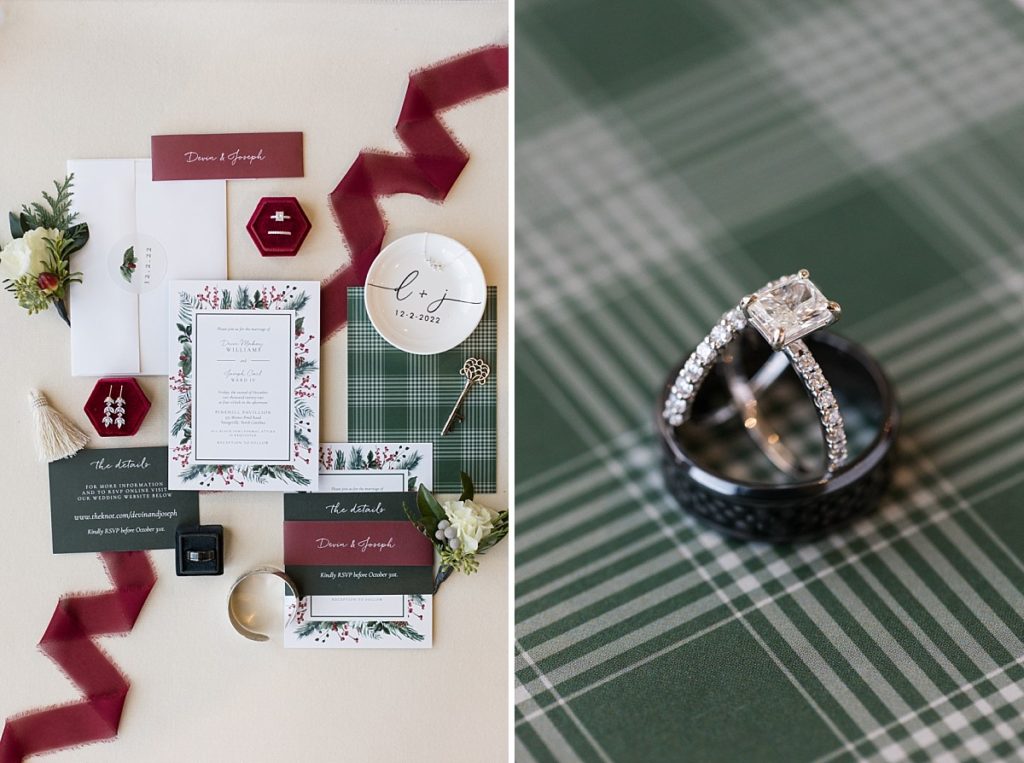 Red and green tartan wedding invite suite and diamond and black wedding band | Christmas Wedding at Pinehill Pavilion | Raleigh NC Wedding Photographer 