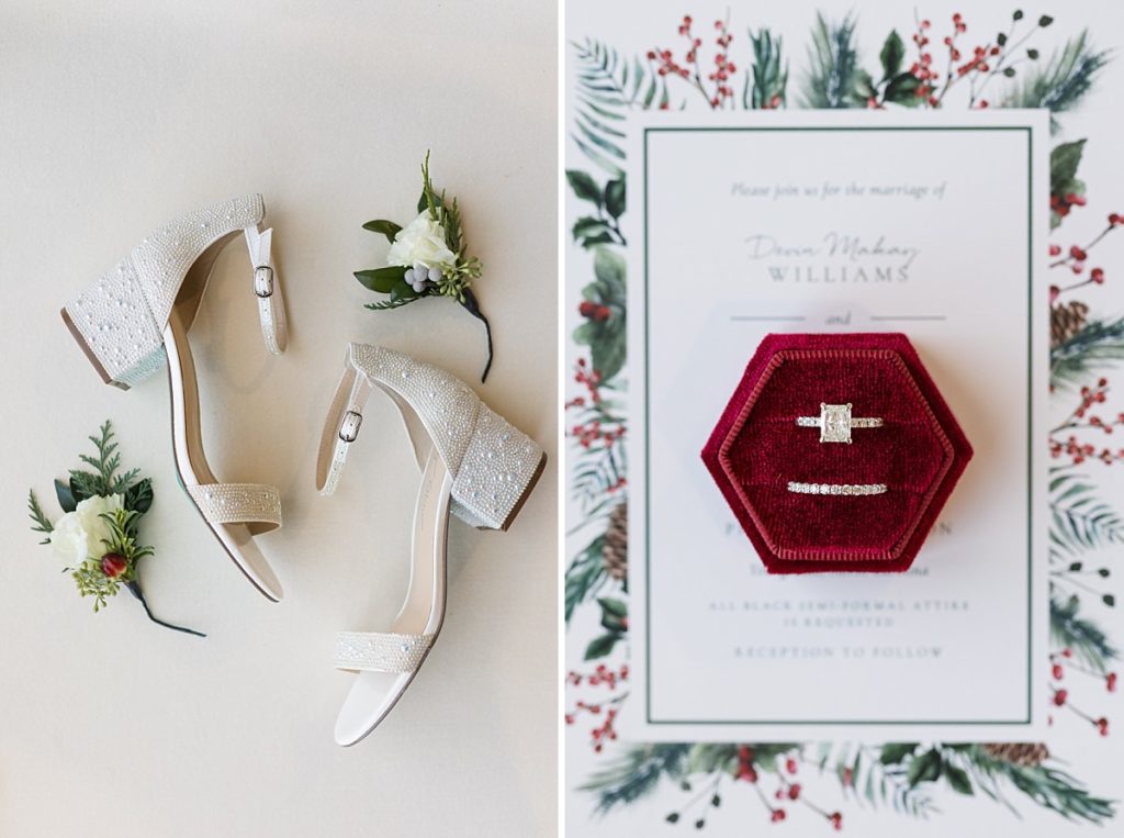 White pearled wedding shoes and red velvet ring box with diamond wedding band | Christmas Wedding at Pinehill Pavilion | Raleigh NC Wedding Photographer 