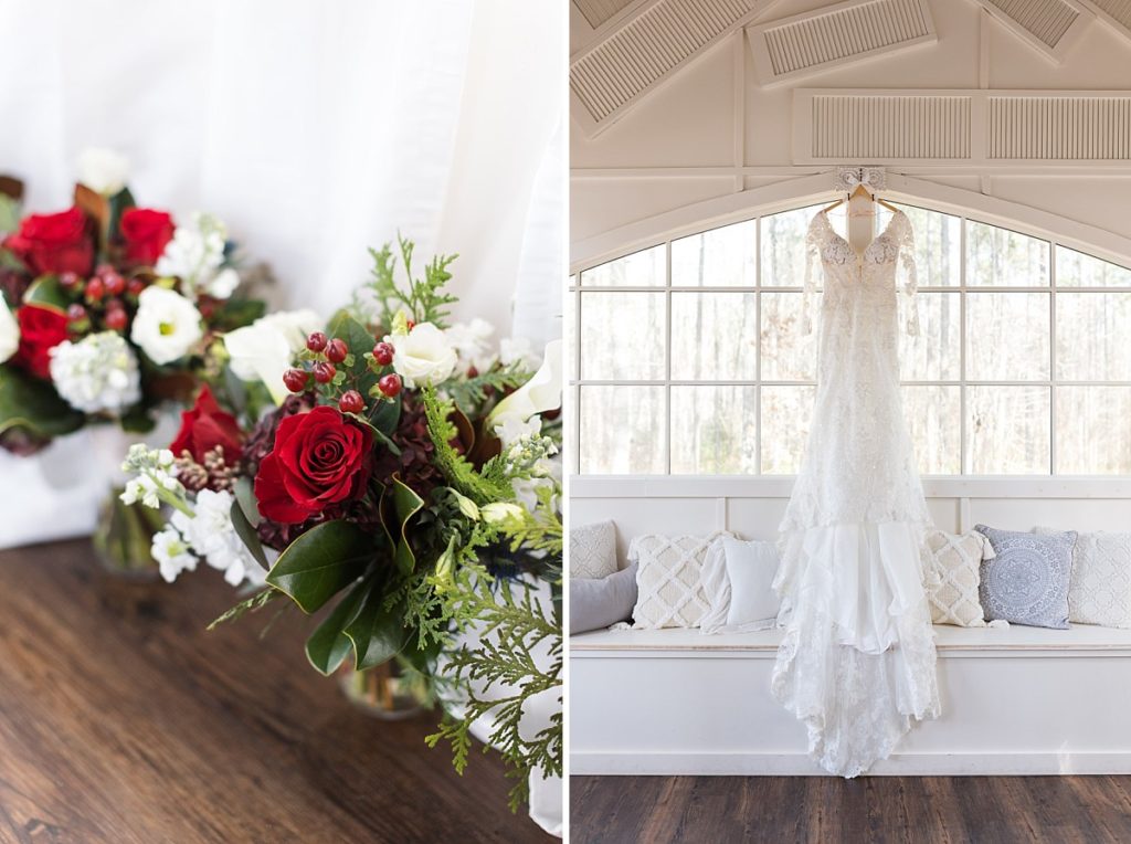 Christmas wedding bouquet and wedding dress handing in arched window | Christmas Wedding at Pinehill Pavilion | Raleigh NC Wedding Photographer 