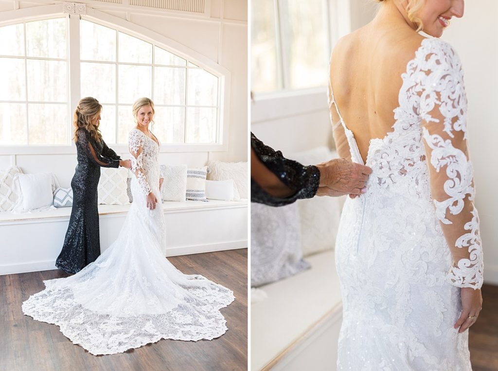 Mother of the bride zipping up brides dress and back of dress details  | Christmas Wedding at Pinehill Pavilion | Raleigh NC Wedding Photographer 
