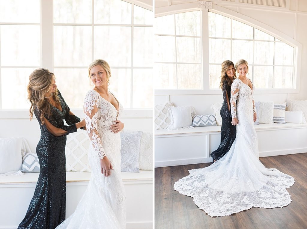 Mother of the bride zipping up brides dress and mother of the bride gown inspiration | Christmas Wedding at Pinehill Pavilion | Raleigh NC Wedding Photographer 