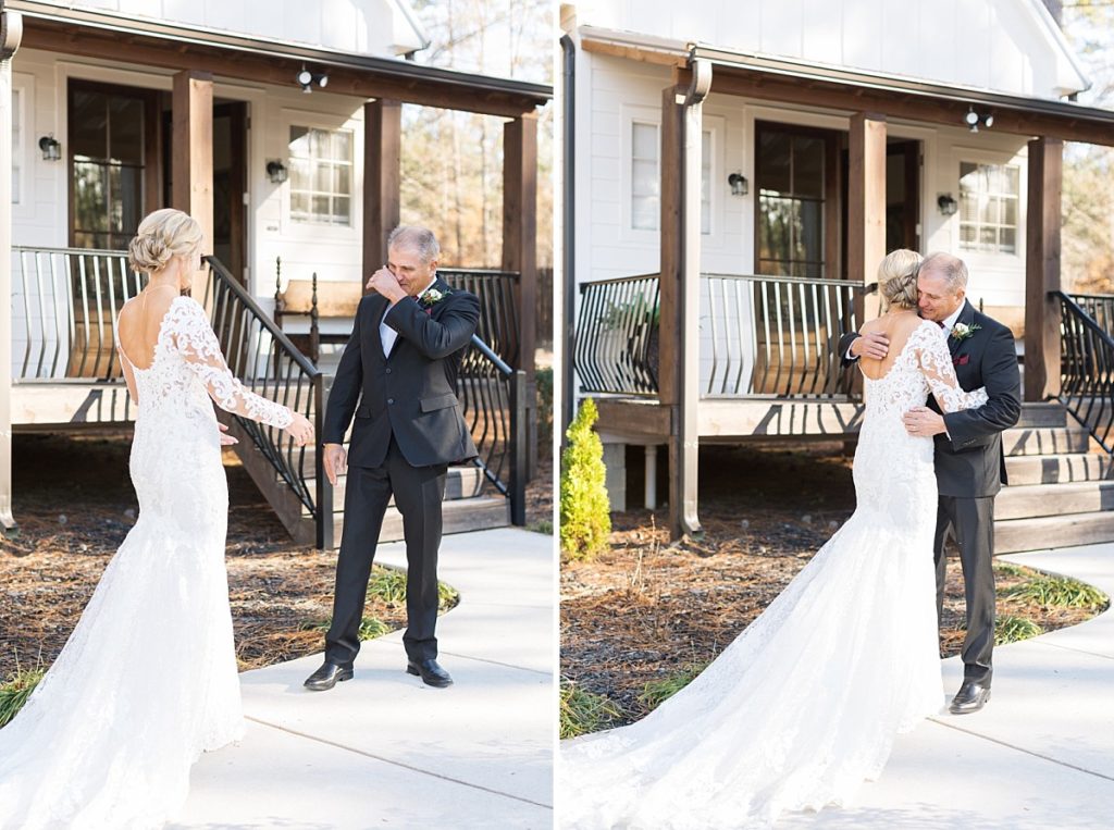 bride's first look with her dad  | Christmas Wedding at Pinehill Pavilion | Raleigh NC Wedding Photographer 