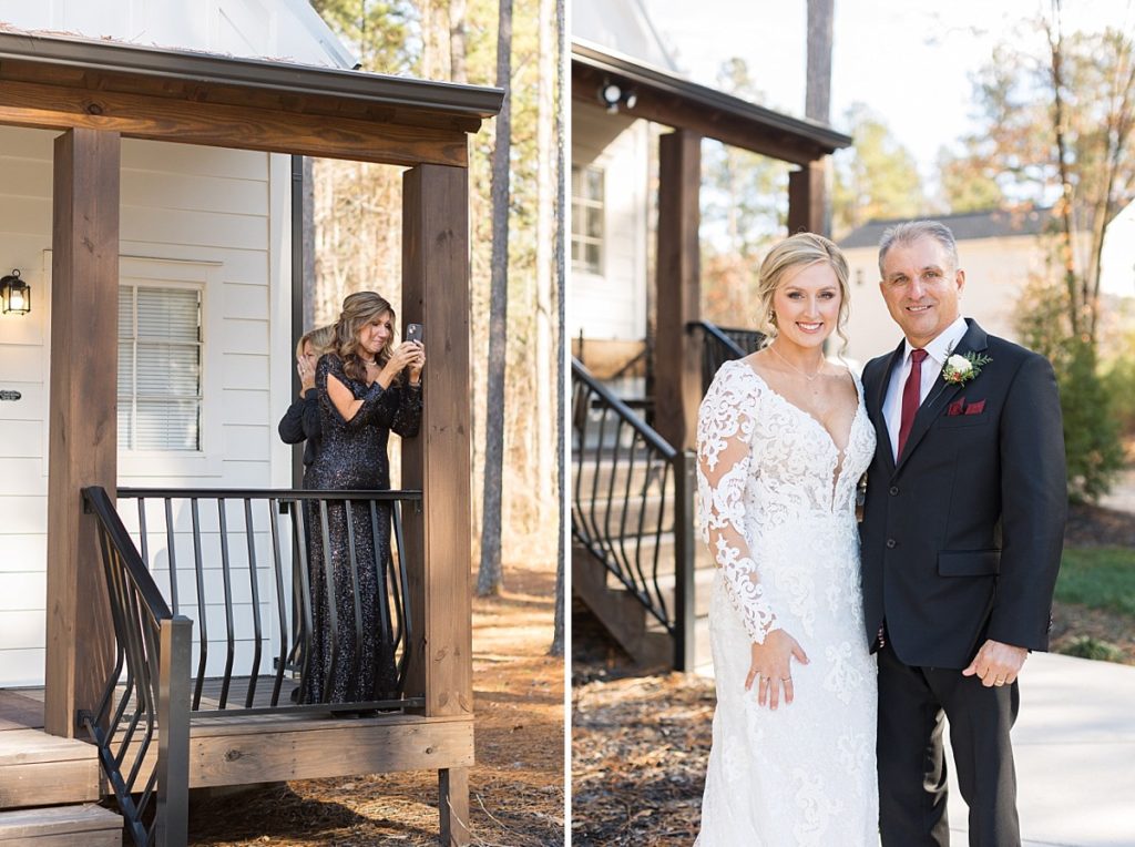 Mother of the bride capturing brides first look with her dad and father of the bride outfit inspiration  | Christmas Wedding at Pinehill Pavilion | Raleigh NC Wedding Photographer 