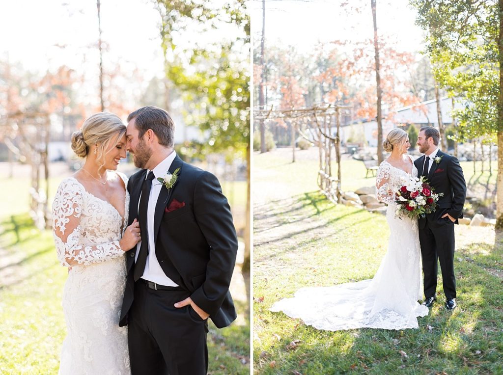 Bride and groom outside venue  | Christmas Wedding at Pinehill Pavilion | Raleigh NC Wedding Photographer 