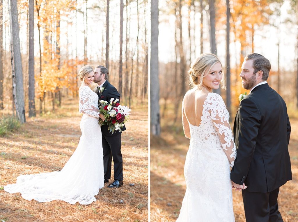 Groom kissing brides cheek and groom looking at his bride  | Christmas Wedding at Pinehill Pavilion | Raleigh NC Wedding Photographer 