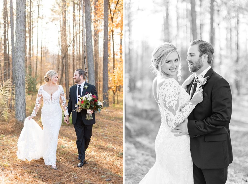 Bride and groom walking and black and white photo of bride and groom  | Christmas Wedding at Pinehill Pavilion | Raleigh NC Wedding Photographer 