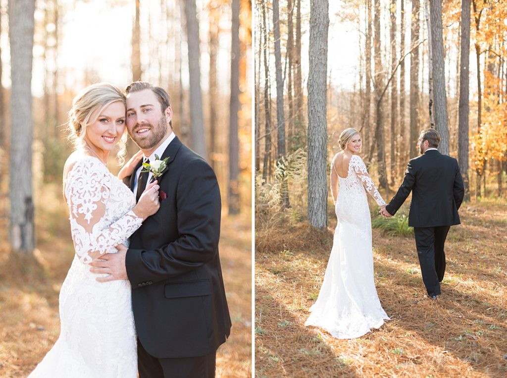 Bride and groom embracing and bride and groom holding hands  | Christmas Wedding at Pinehill Pavilion | Raleigh NC Wedding Photographer 