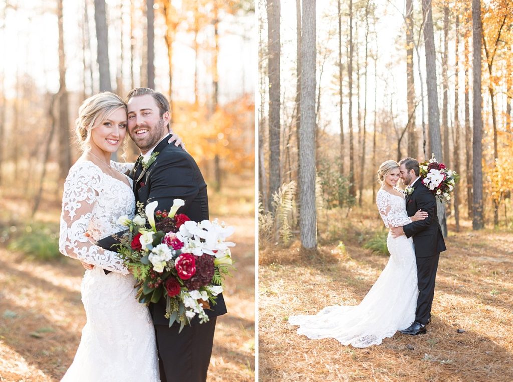 Bride and groom with wood backdrop  | Christmas Wedding at Pinehill Pavilion | Raleigh NC Wedding Photographer 
