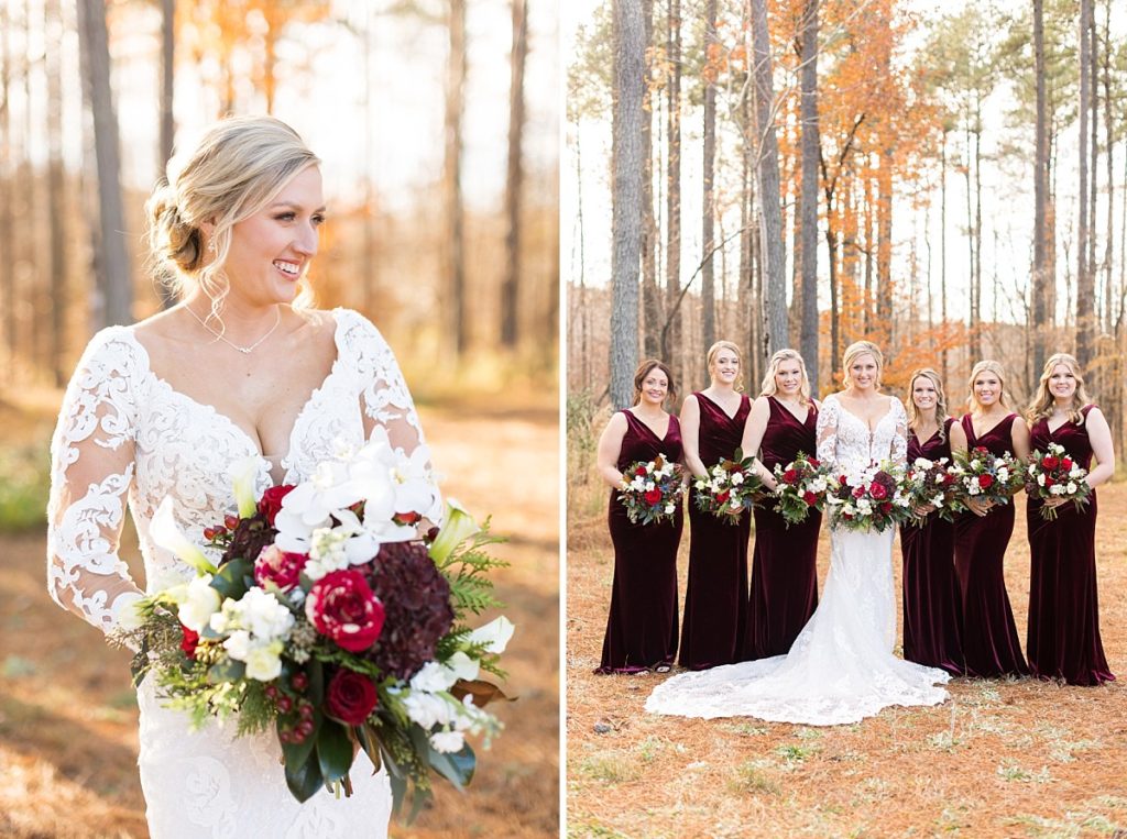Bride holding her bouquet and bride with her bridesmaids  | Christmas Wedding at Pinehill Pavilion | Raleigh NC Wedding Photographer 