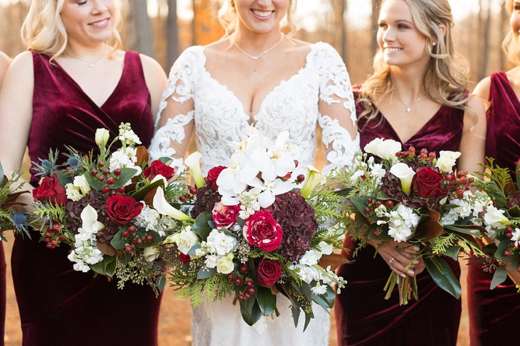 Winter wedding floral bouquets | Christmas Wedding at Pinehill Pavilion | Raleigh NC Wedding Photographer 