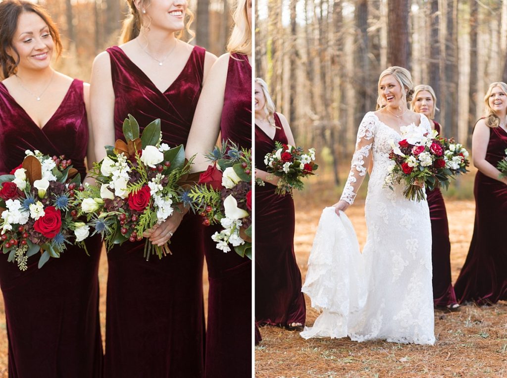 Bridesmaids wearing red velvet dresses and bride laughing  | Christmas Wedding at Pinehill Pavilion | Raleigh NC Wedding Photographer 