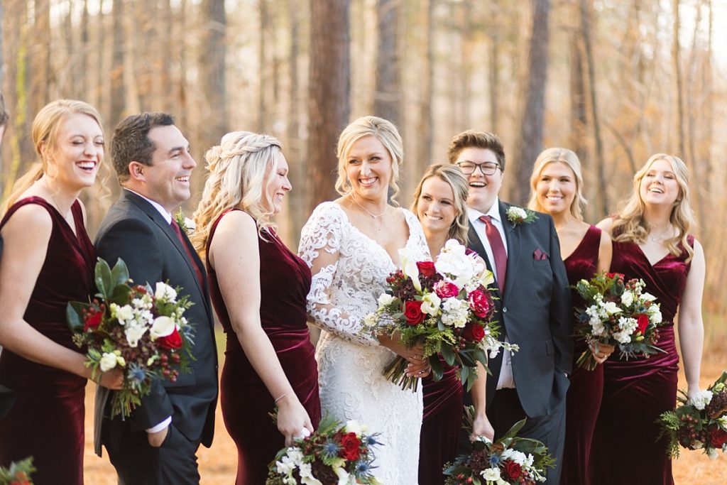 bridal party laughing | Christmas Wedding at Pinehill Pavilion | Raleigh NC Wedding Photographer 
