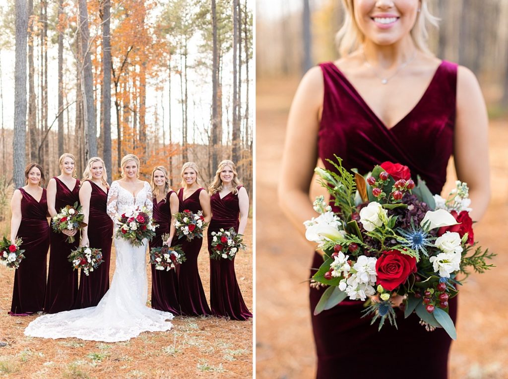 Red, green and thistle wedding bouquet details | Christmas Wedding at Pinehill Pavilion | Raleigh NC Wedding Photographer 