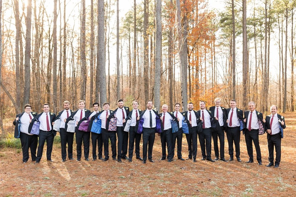 Groomsmen with customized jacket lining | Christmas Wedding at Pinehill Pavilion | Raleigh NC Wedding Photographer 