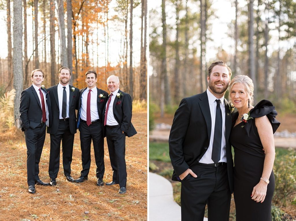 Groom with his mother in black dress | Christmas Wedding at Pinehill Pavilion | Raleigh NC Wedding Photographer 