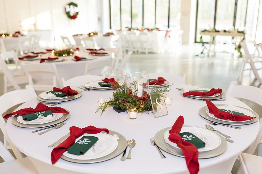 Green and red place setting | Christmas Wedding at Pinehill Pavilion | Raleigh NC Wedding Photographer 