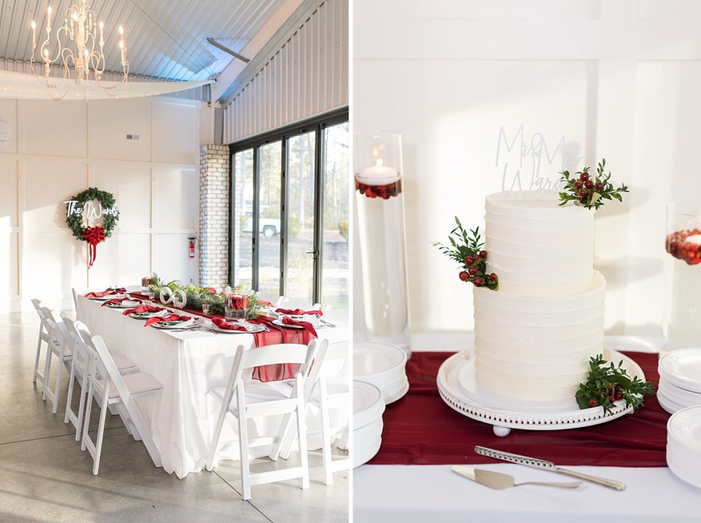Christmas wedding table details and wedding cake | Christmas Wedding at Pinehill Pavilion | Raleigh NC Wedding Photographer 