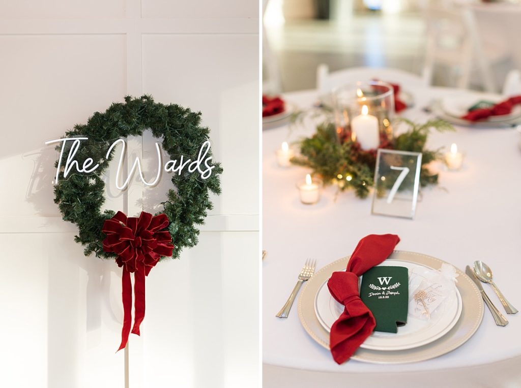 Neon last name sign over christmas wreath and custom wedding koozies | Christmas Wedding at Pinehill Pavilion | Raleigh NC Wedding Photographer 