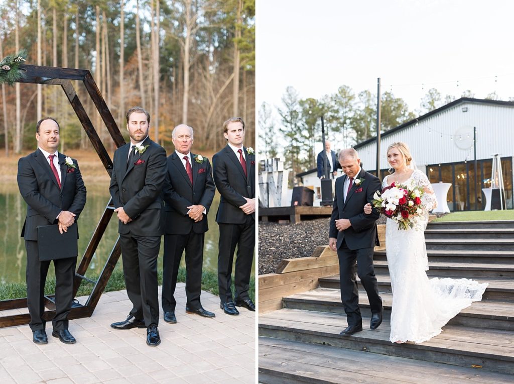 Groom seeing his bride for the firs time and bride walking down the aisle | Christmas Wedding at Pinehill Pavilion | Raleigh NC Wedding Photographer 